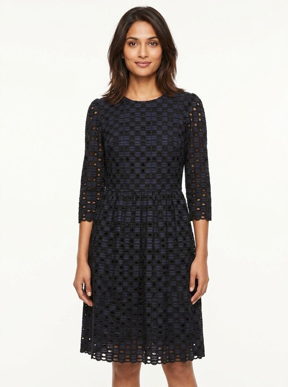 6ip9 Ann Taylor Navy Blue Black Lace Eyelet A-Line Dress Women Size 4